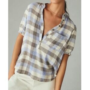 PILCRO Plaid Henley Shirt Tunic Casual Womens XS Blue Brown White Textured